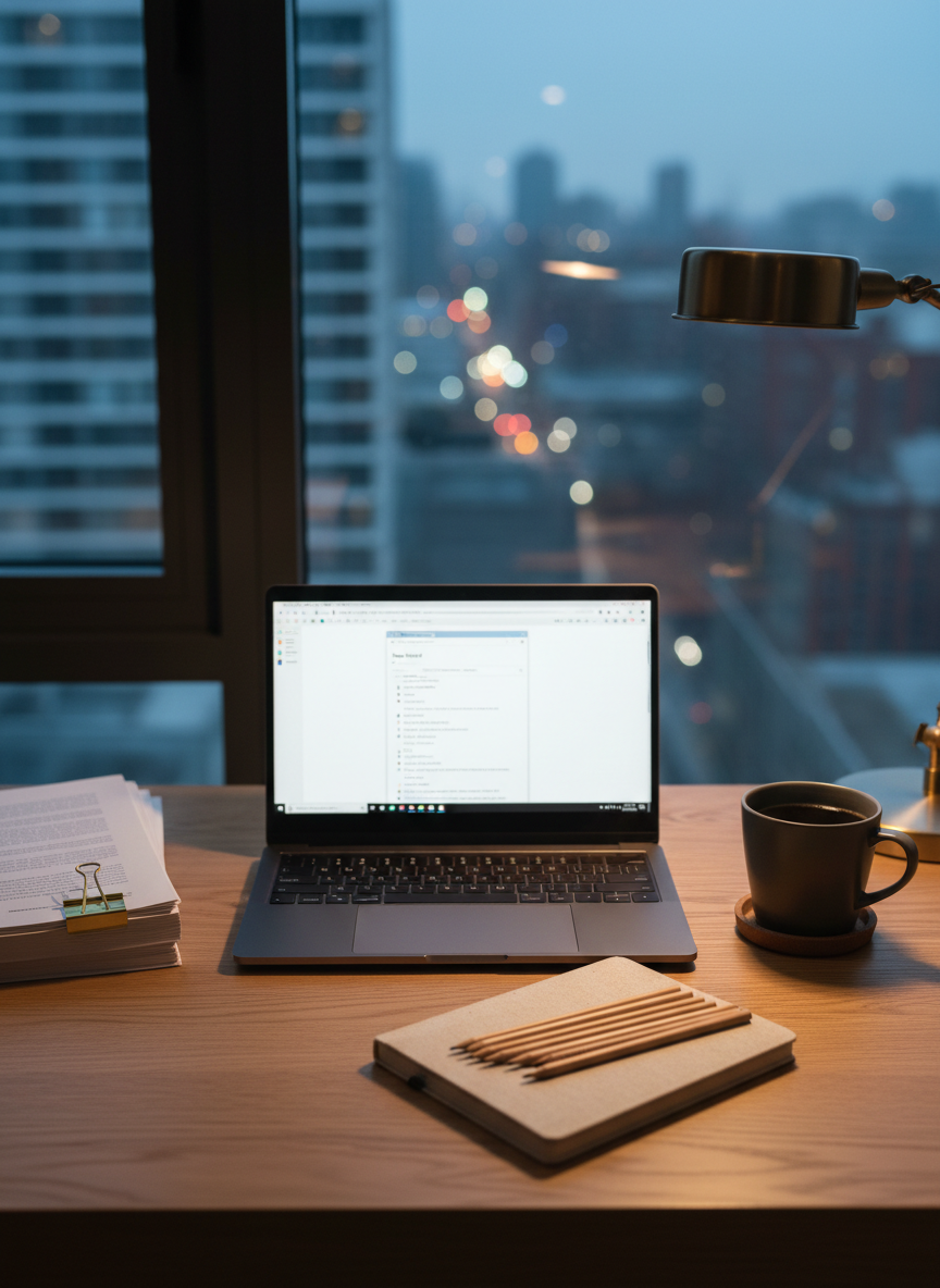 A meticulously arranged author’s desk devoted to serious fiction writing, featuring a sleek matte-black laptop displaying a blank document titled “New Novel,” beside a stack of printed pages clipped with a brass binder clip. A ceramic mug of black coffee, half full, sits on a cork coaster, while a small bundle of sharpened wooden pencils rests on a linen notebook. The desk surface is smooth oak, set near a tall window overlooking a softly blurred cityscape of evening lights. Cool, diffused twilight seeps in, balanced by the warm glow of a single desk lamp, creating a professional, focused atmosphere. Photographic realism, captured from a slightly elevated angle with clean, modern composition and gentle bokeh in the background to evoke quiet literary concentration.